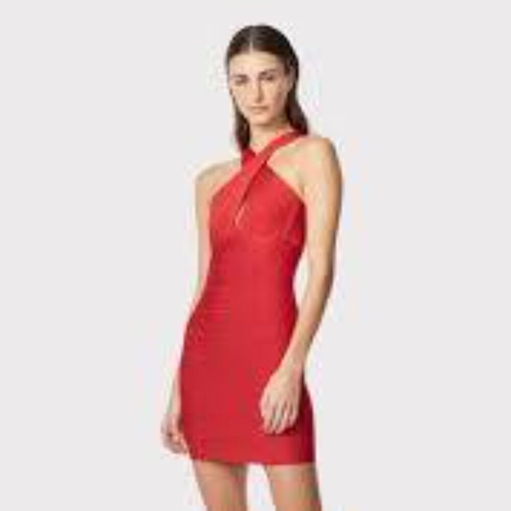 Herve Leger X FRONT HALTER MINI DRESS in Coral Poppy Size Medium - NWT